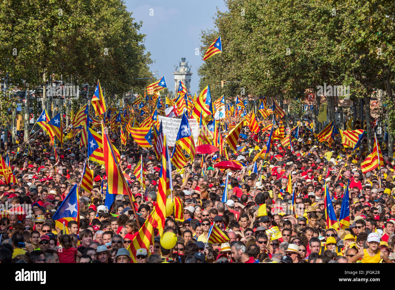 Spain, Catalunya, Barcelona City, Gran Via Avenue, Diada Celebration 2014 Stock Photo