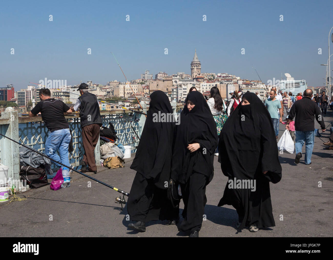 Turkey, Istanbul City, Galata Bridge ,moslem women Stock Photo