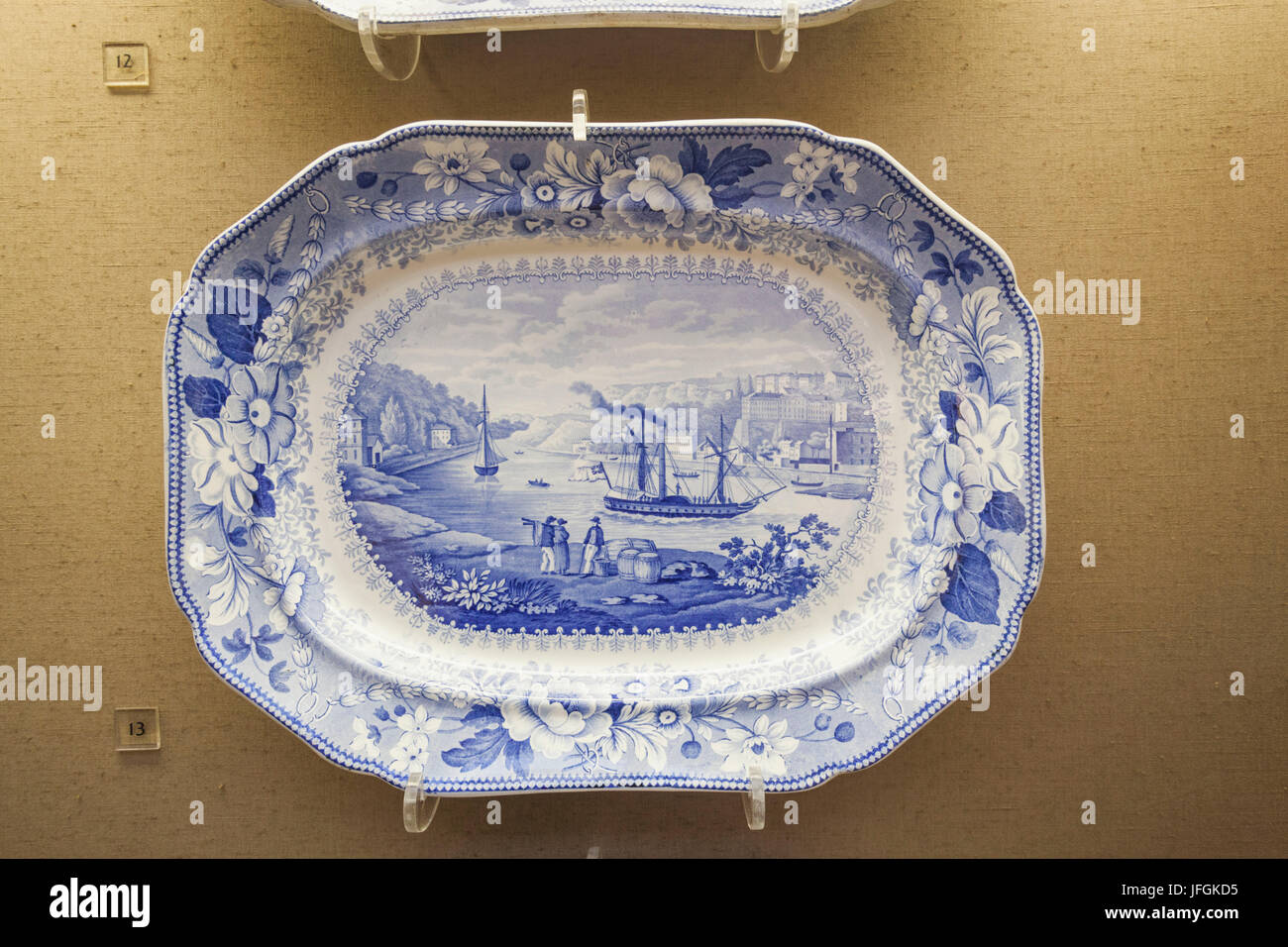 Exhibit of bristol pottery dish depicting bristol the river avon hires
