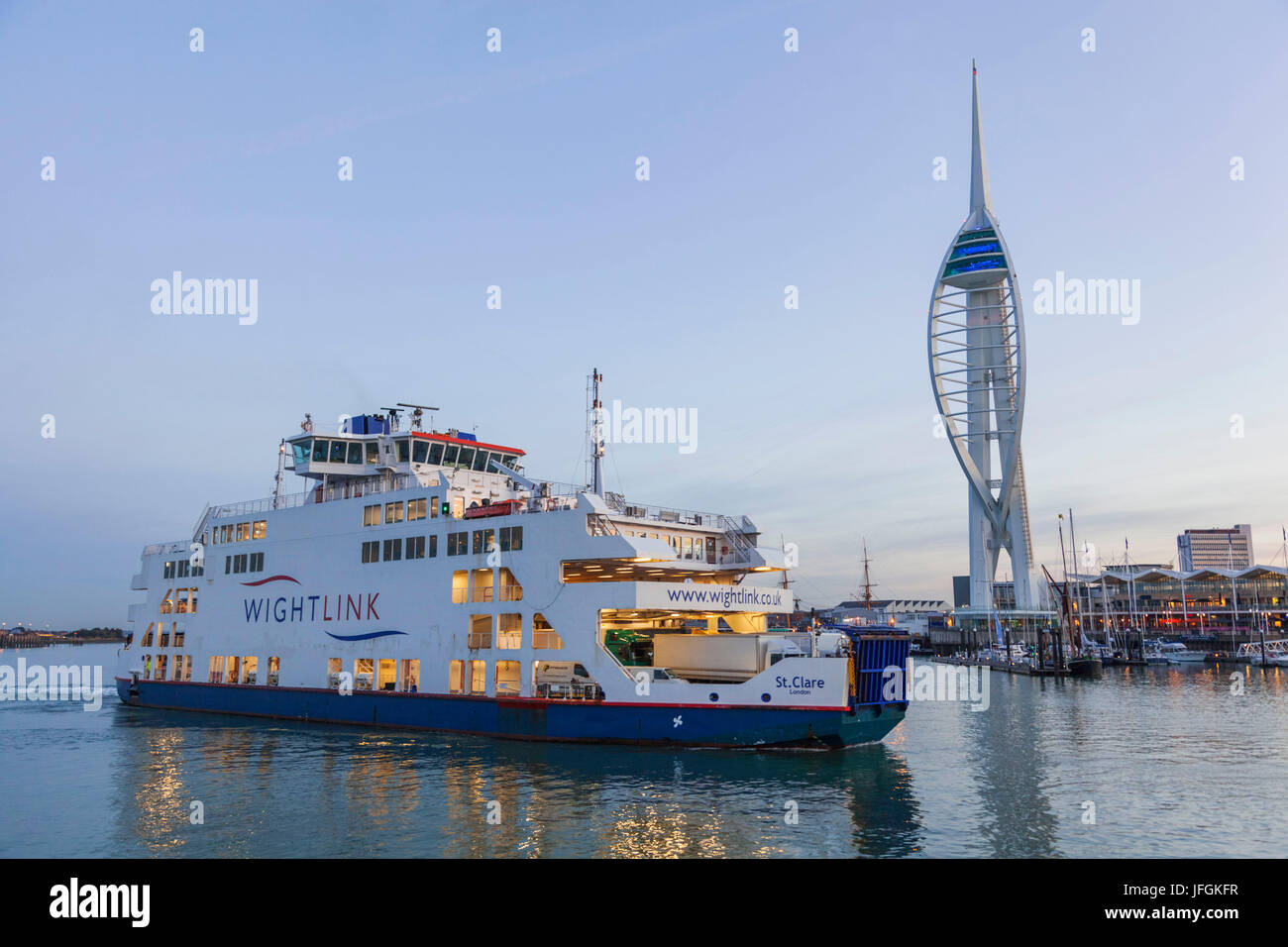 England, Hampshire, Portsmouth, Wightlink Ferry and Spinnaker Tower Stock Photo