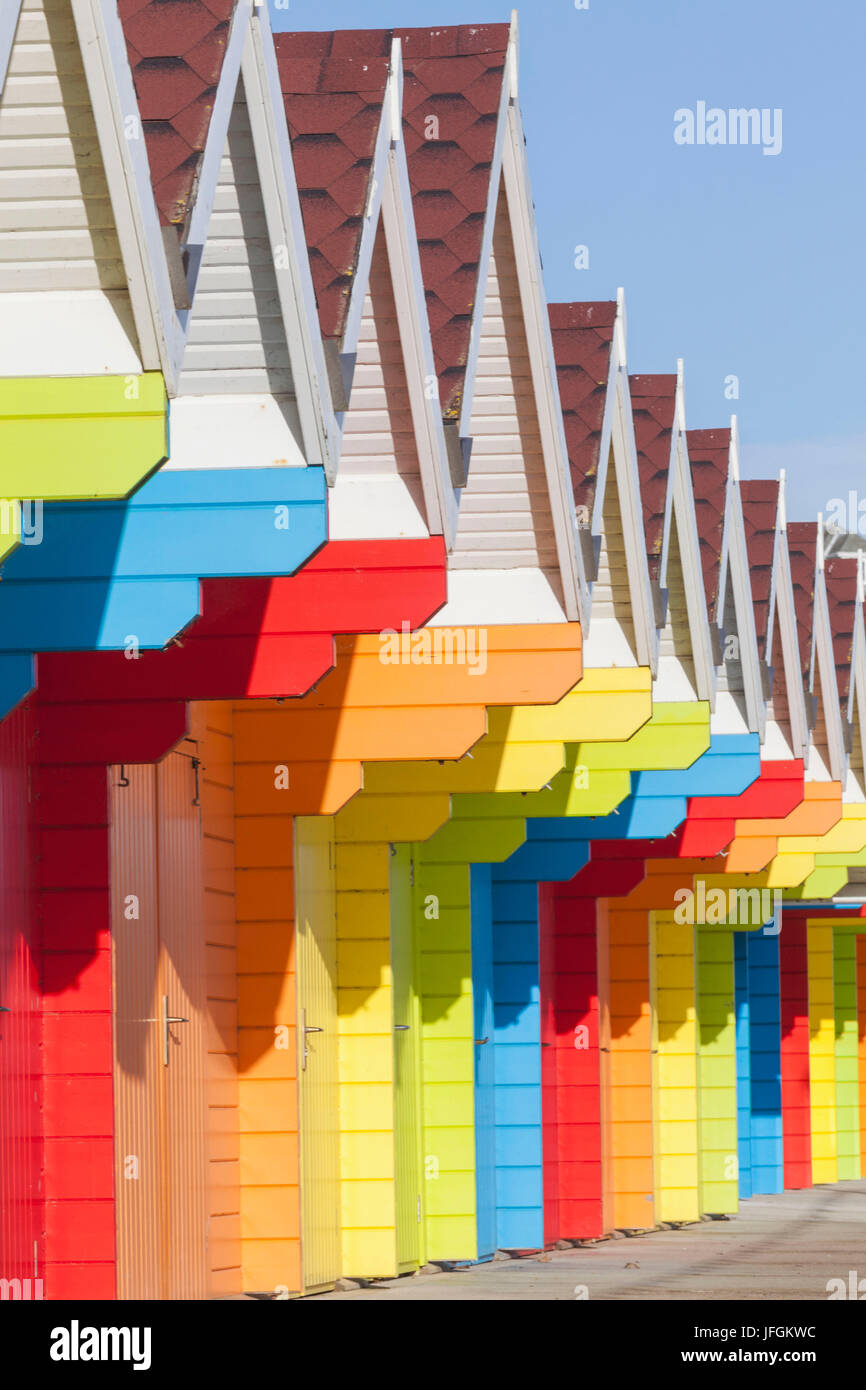 England, Yorkshire, Scarborough, Colourful Beach Huts Stock Photo