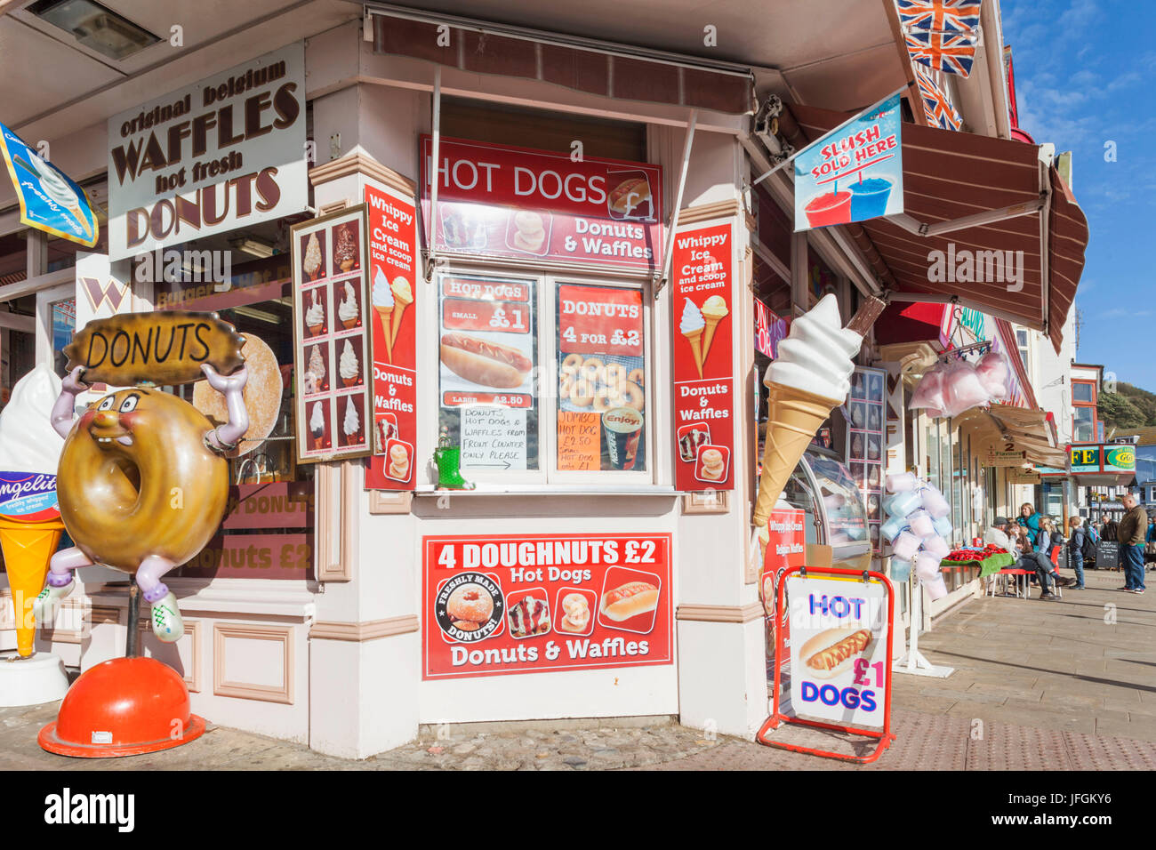 Typical seafront ice cream and donut shop hires stock photography and