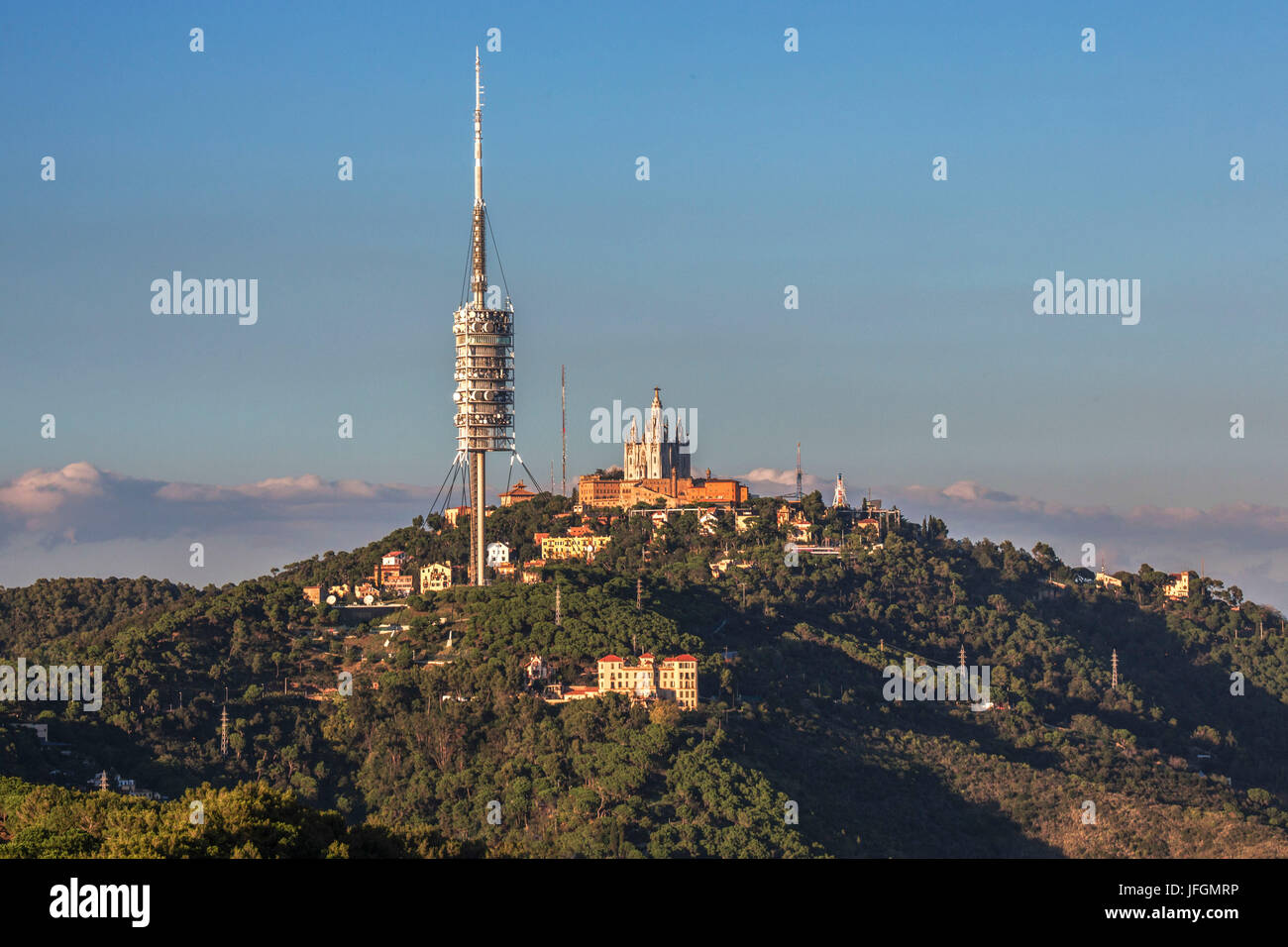 Spain, Catalunya, Barcelona City, Tibidabo Mountain, Collserola Tower and Holly Heart Basilica Stock Photo