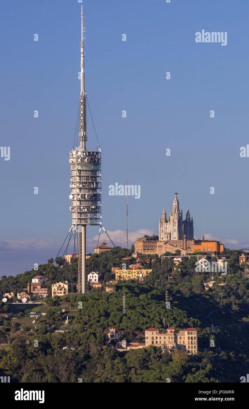 Spain, Catalunya, Barcelona City, Tibidabo Mountain, Collserola Tower and Holly Heart Basilica Stock Photo