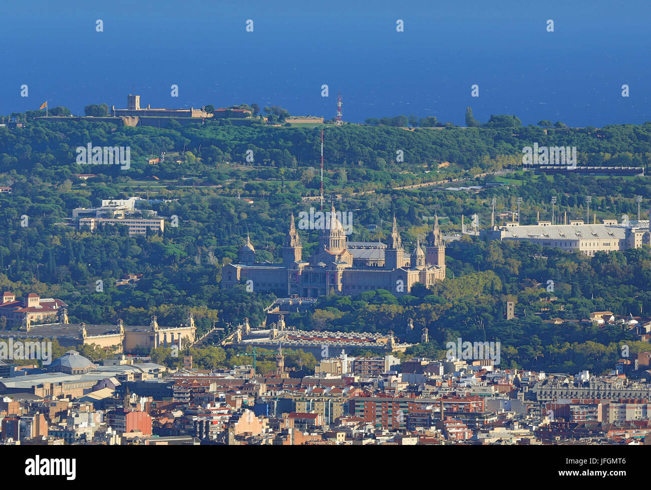 Spain, Catalunya, Barcelona City, Montjuich Hill, Montjuich fortress and Nationa Palace Building, Stock Photo