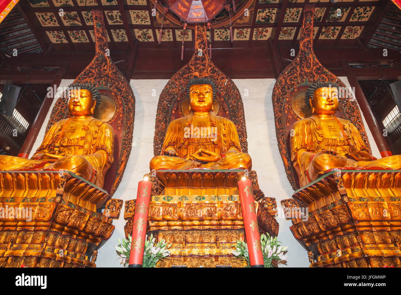 China, Shanghai, Jade Buddha Temple, Buddha Statues in The Great Hall Stock Photo
