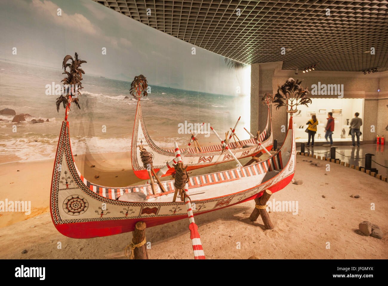 China, Shanghai, Shanghai Museum, Wooden Fishing Canoes from Lanyu, Taiwan Stock Photo