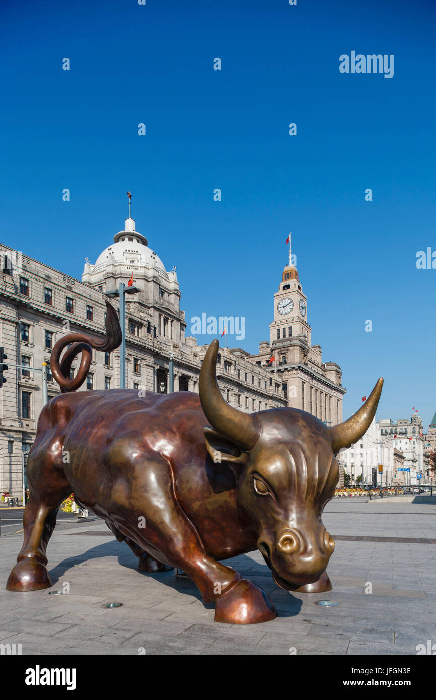 China, Shanghai, The Bund, The Financial Bund Bull, Sculptor Arturo Di Modica Stock Photo