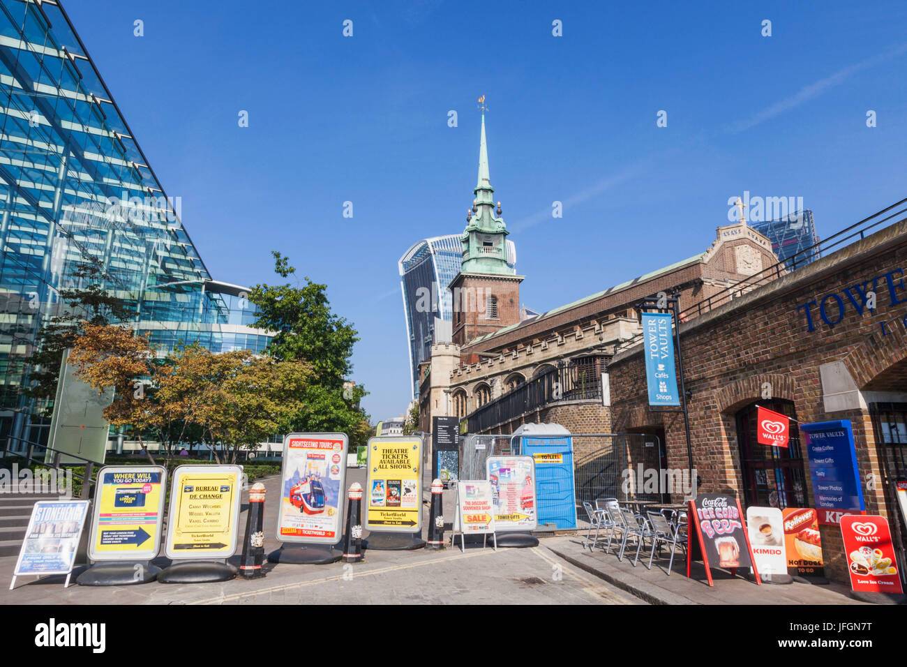 England, London, Advertising Billboards Blocking Footpath Stock Photo