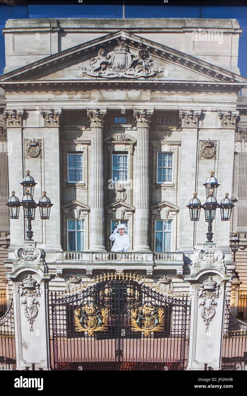 England, London, Souvenir Shop Window Montage Display of Buckingham Palace and The Queen Stock Photo