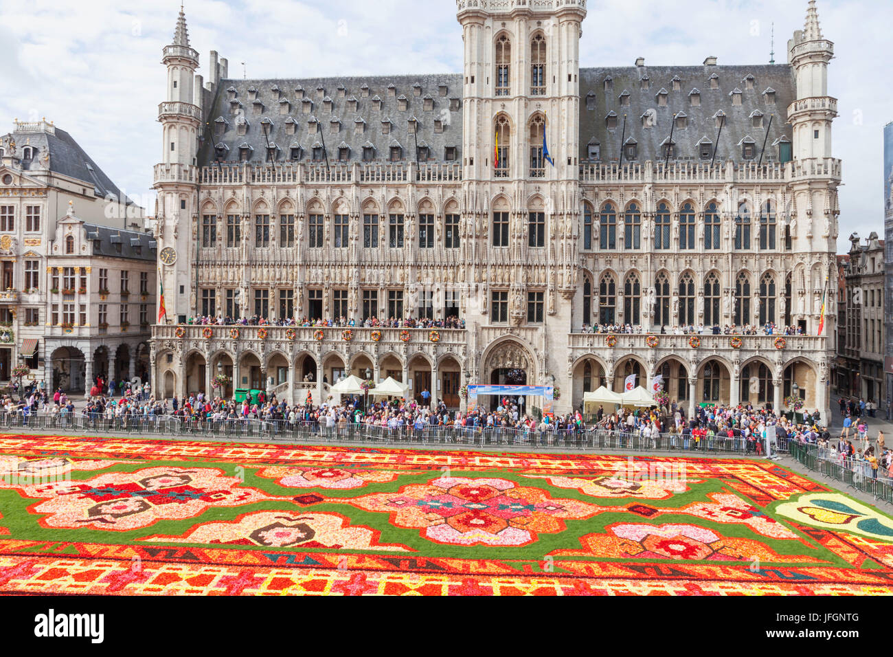 Belgium, Brussels, Grand Place, Flower Carpet Festival and The Town Hall Stock Photo