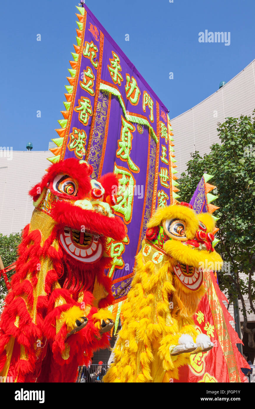 China, Hong Kong, Chinese Lion Dance Costumes Stock Photo