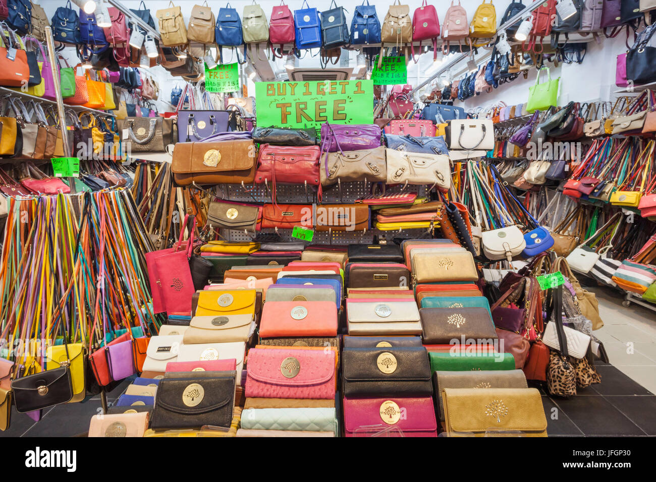 China, Hong Kong, Stanley Market, Shop Display of Fake Purses and Handbags Stock Photo