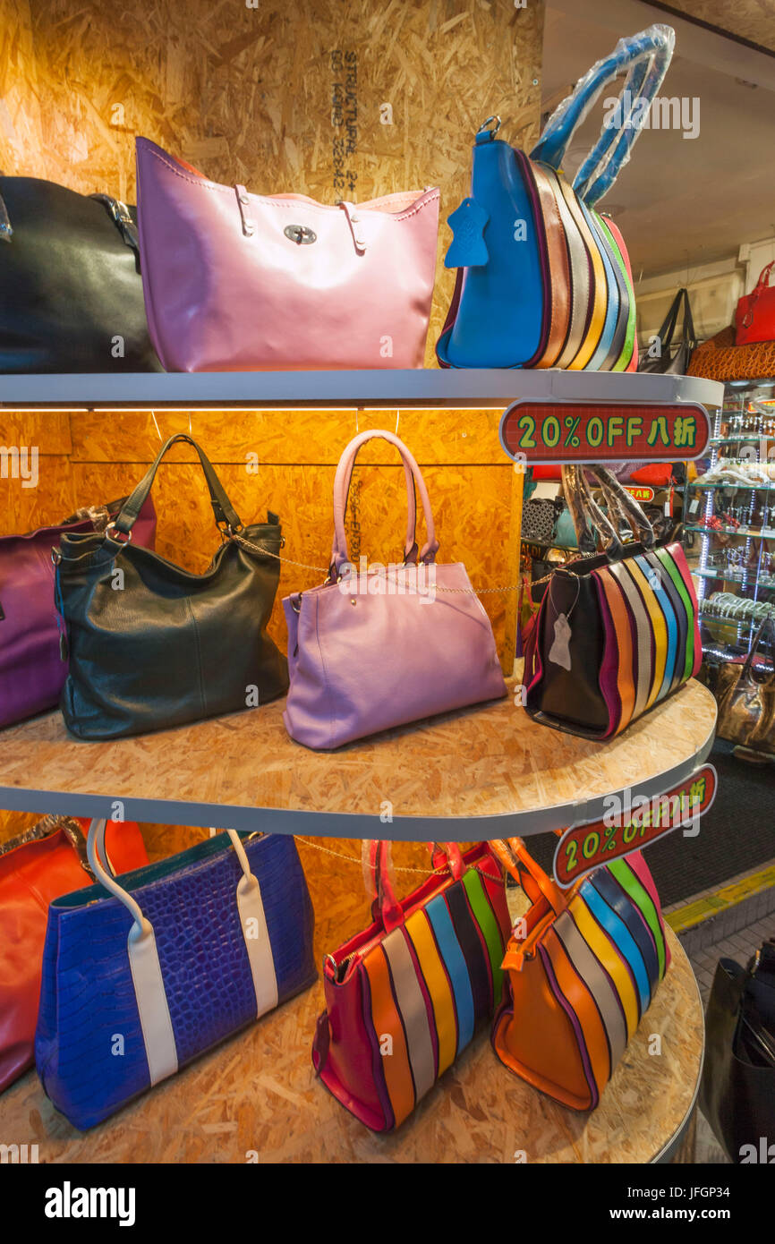 China, Hong Kong, Stanley Market, Shop Display of Handbags Stock Photo