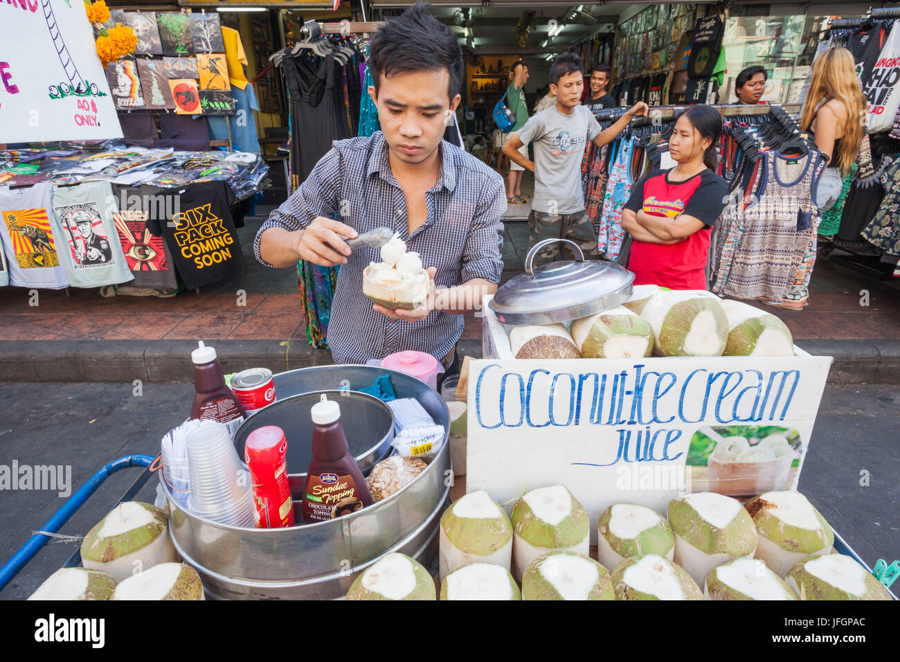 Thailand, Bangkok, Khaosan Road, Coconut Ice Cream Vendor Stock Photo