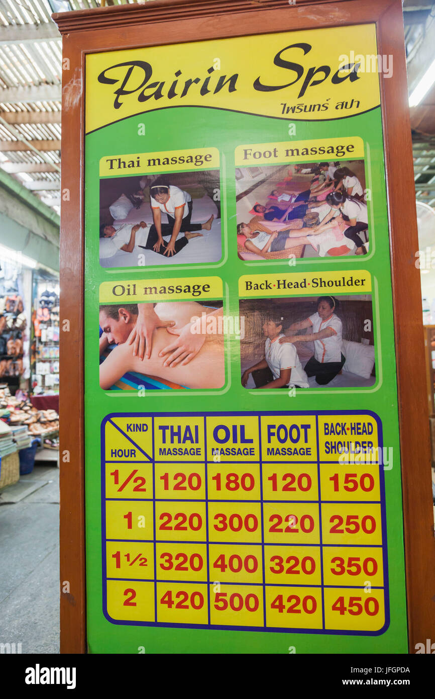 Thailand, Bangkok, Khaosan Road, Massage and Spa Treatment Price List Stock Photo