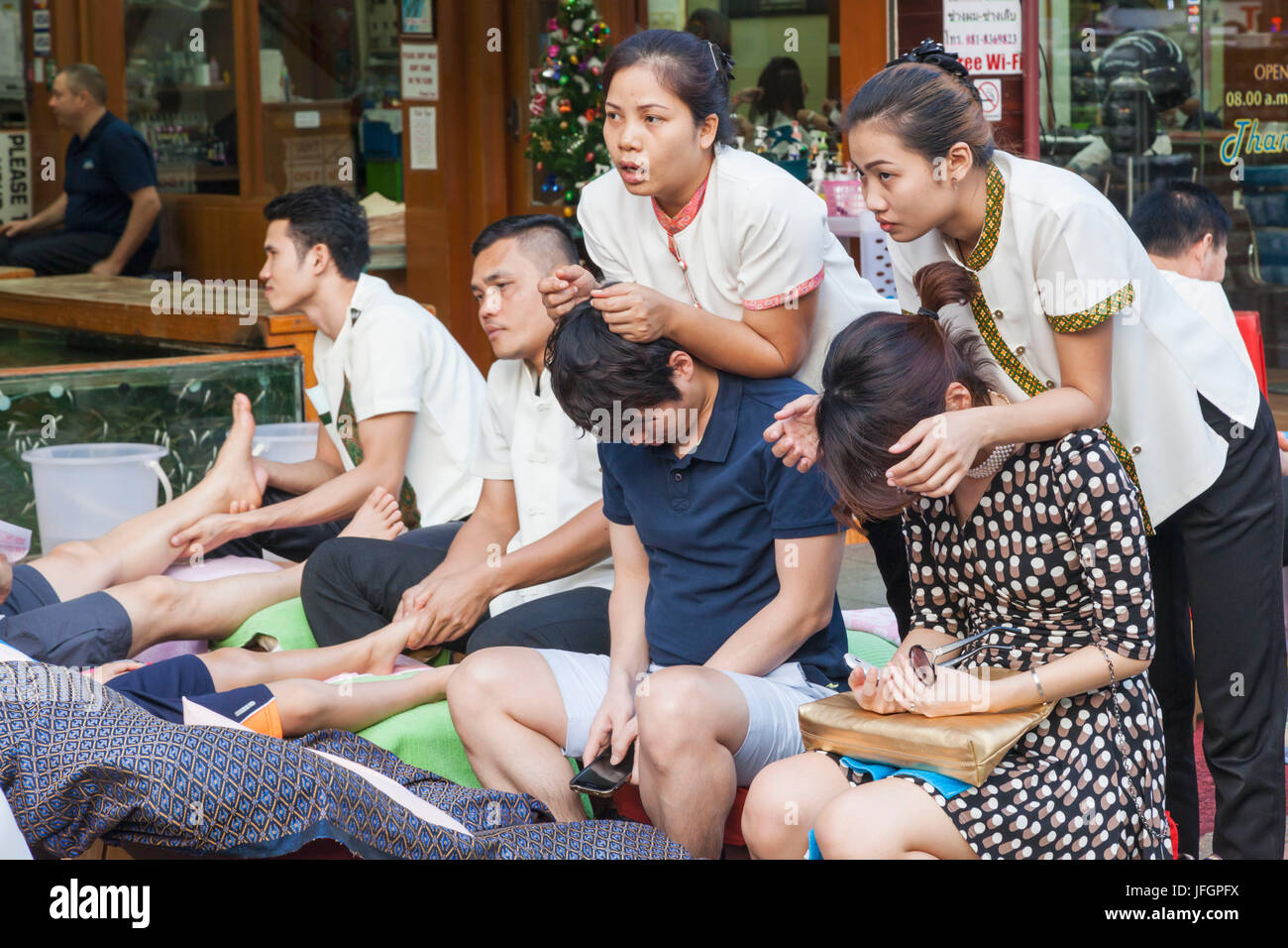Thailand, Bangkok, Khaosan Road, Tourists Having Massage Stock Photo