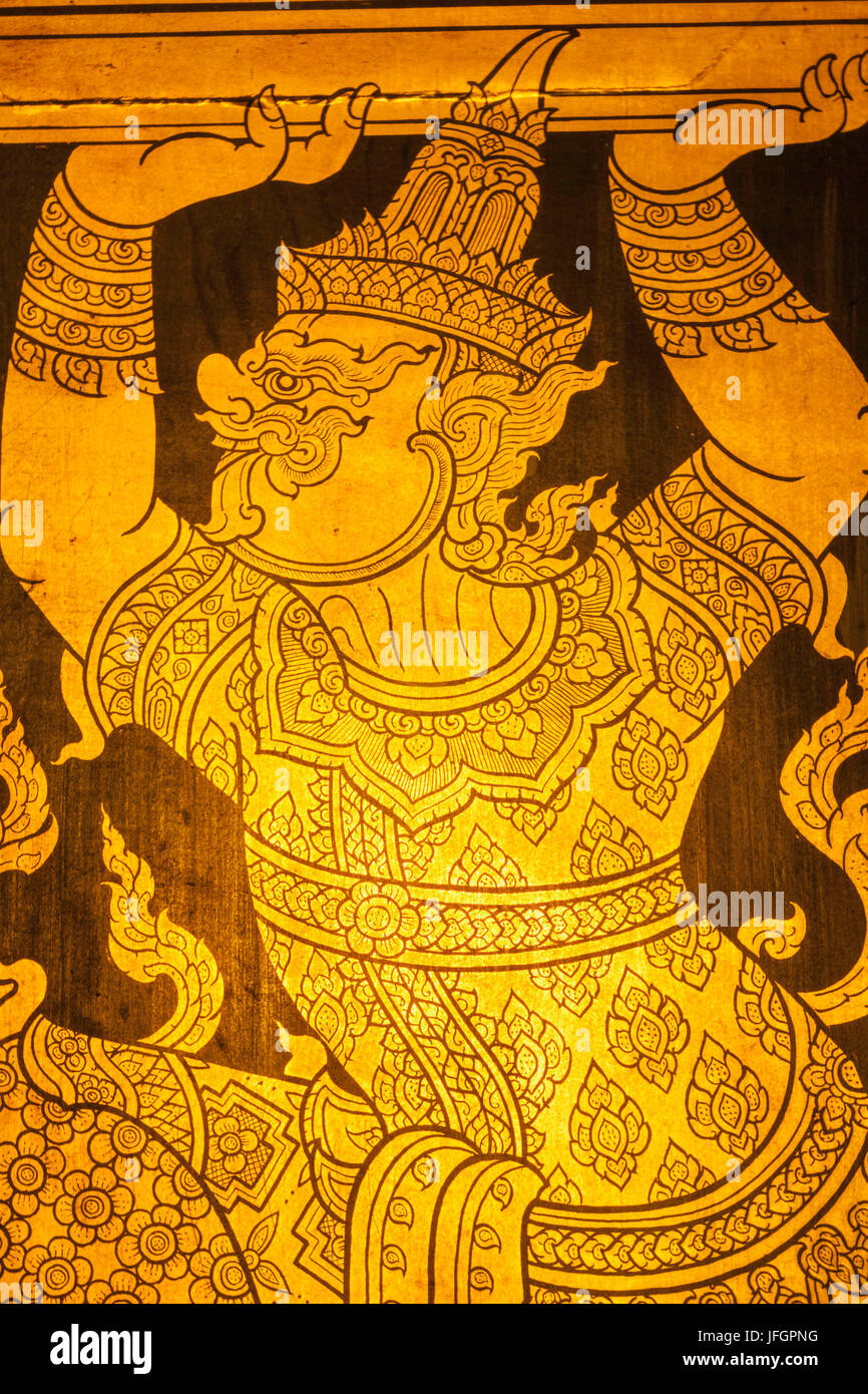 Thailand, Bangkok, Wat Benchamabophit aka The Marble Temple, Window Decoration depicting Scene from The Ramayana Stock Photo
