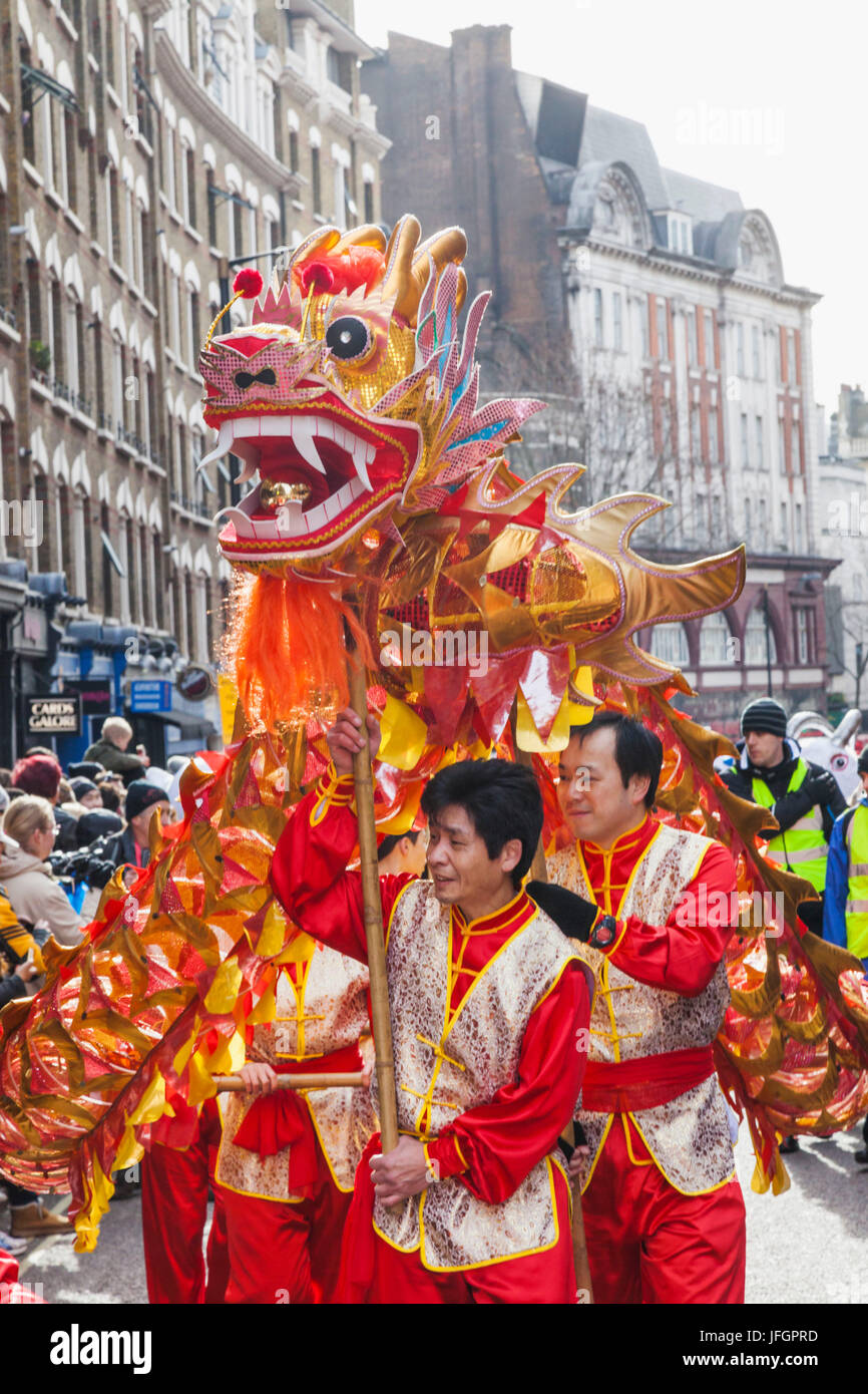 England, London, Soho, Chinatown, Chinese New Year Festival Parade, Dragon Dance Stock Photo
