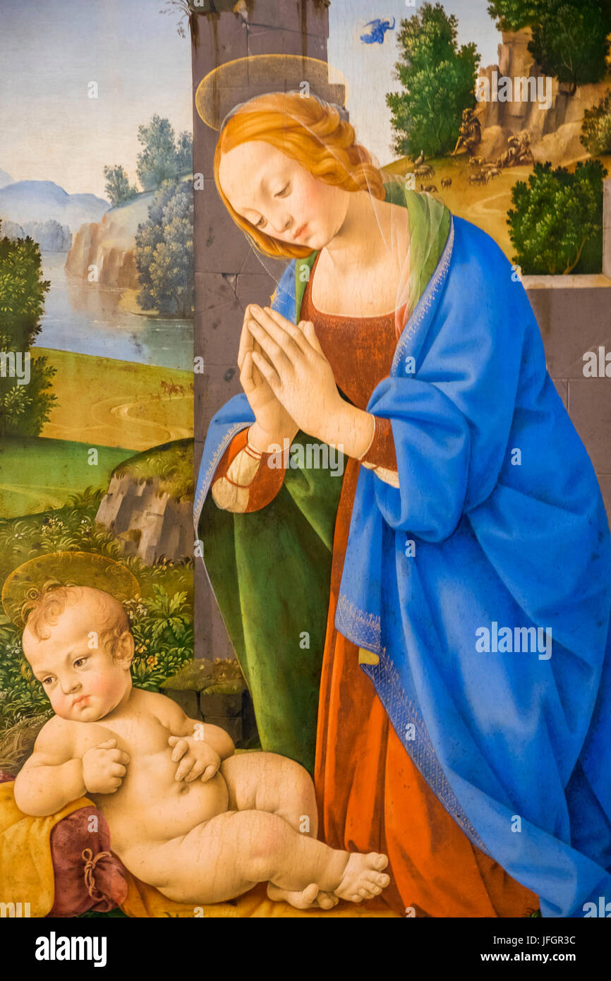 England, London, Trafalgar Square, The National Gallery, Painting of The Virgin Adoring the Child by Lorenzo di Credi Stock Photo