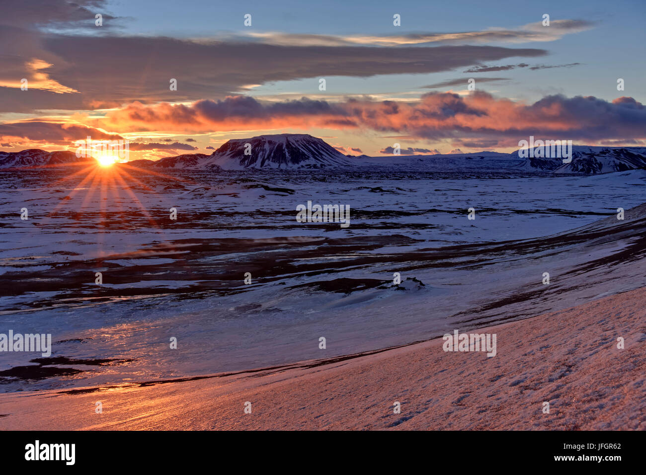 Iceland, Iceland, north-east, ring road, red sky about the field Geothermal Namafjall and the Burfellshraun Stock Photo