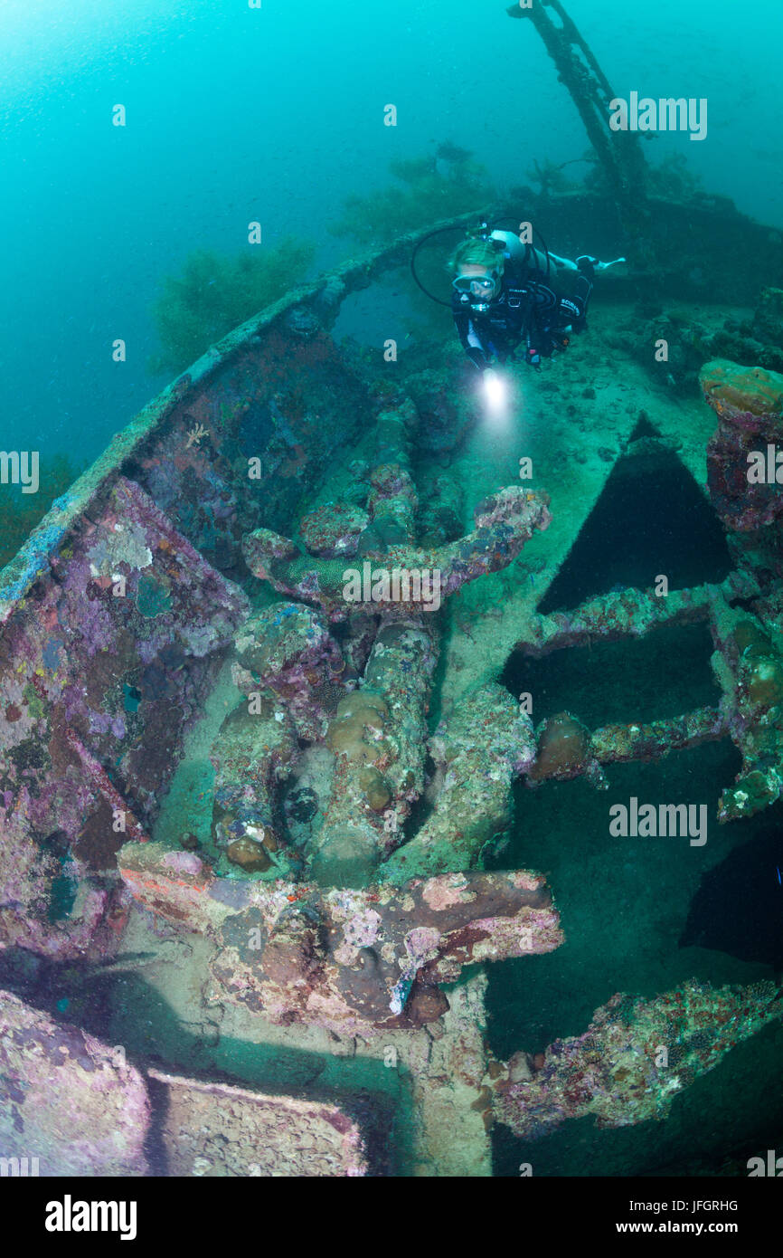Diver in the Japanese wreck 2, Marovo lagoon, the Solomon Islands Stock Photo