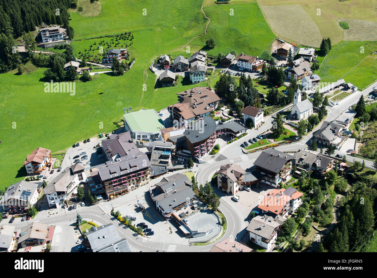Corvara, mountain village, the Dolomites, aerial picture, high mountain valley, South Tirol, Italy Stock Photo