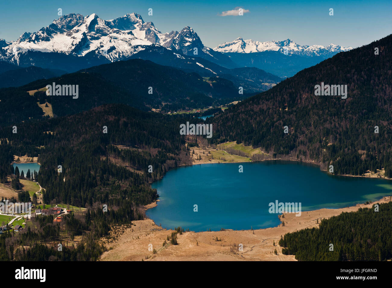 Barmsee with Wetterstein Range, Garmisch-Partenkirchen, aerial picture, Bavarians, Germany Stock Photo
