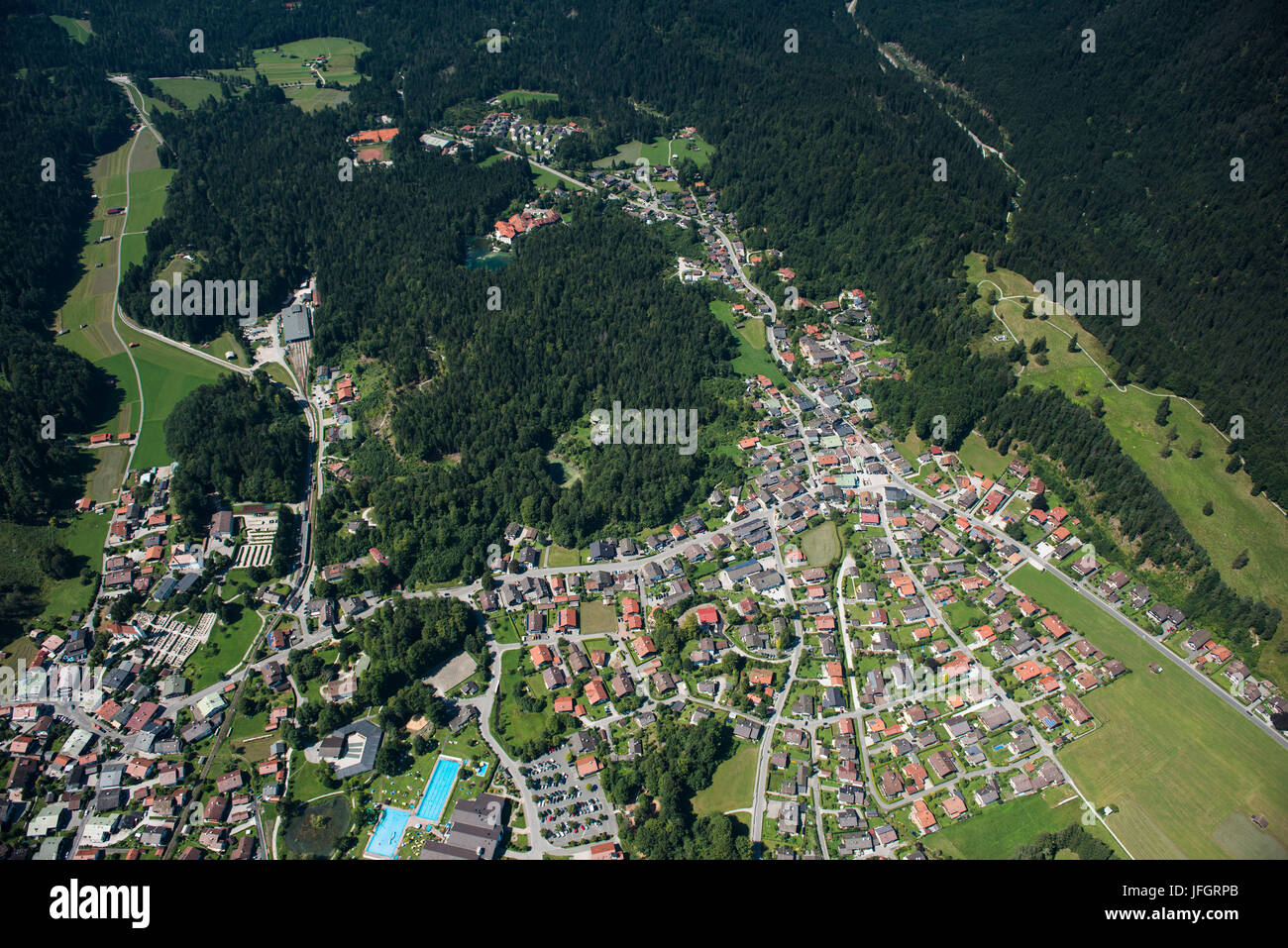 Grainau, Loisachtal, aerial picture, Garmisch-Partenkirchen, Bavaria, Germany Stock Photo