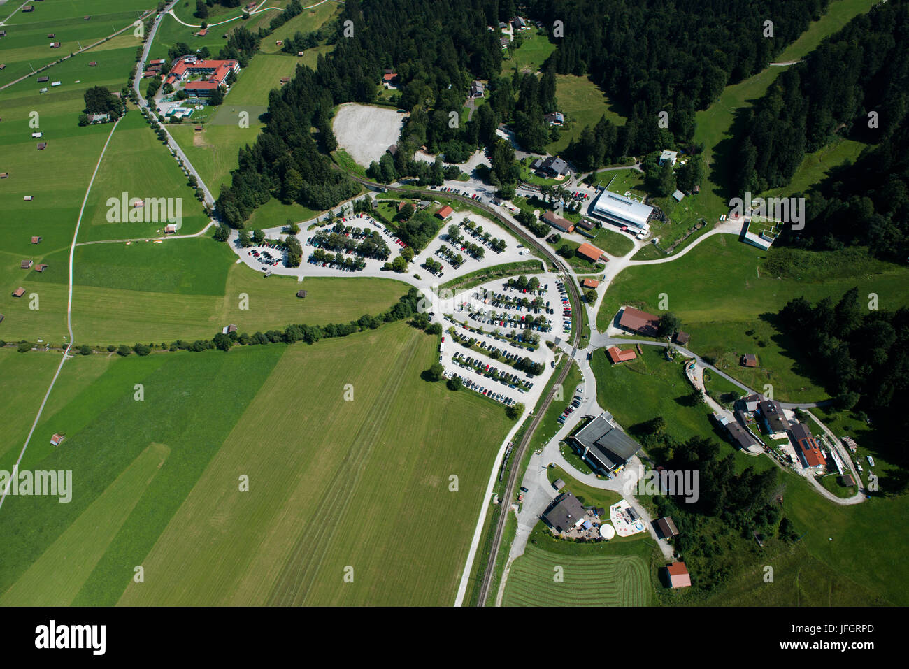 Garmisch-Partenkirchen, Kreuzeck valley station, Alpspitzbahntalstation, paraglider landing field, aerial picture, Bavaria, Germany Stock Photo