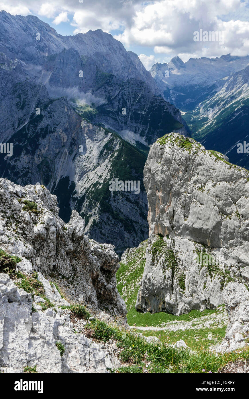 rock Storm below the Frauenalpl, view in the Reintal, Hochwanner and Zugspitzplatt, Wetterstein Range, Stock Photo