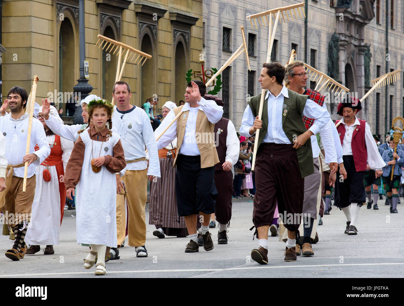 Oktoberfest in 2015 with traditional costumes and protection procession, traditional costumes and protection clubs from Bavaria and the European foreign countries march straight through the city centre to the Theresienwiese, Stock Photo