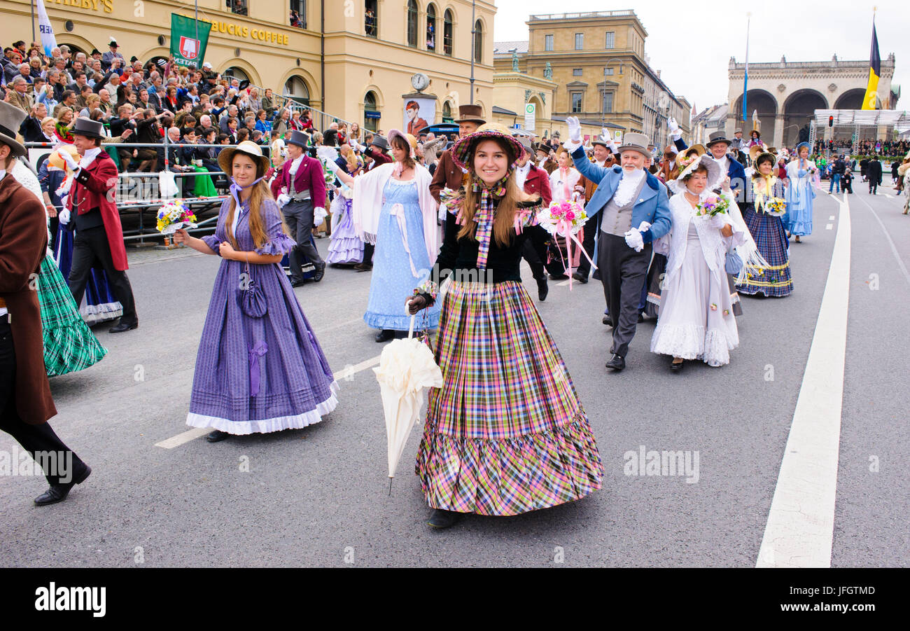 Oktoberfest in 2015 with traditional costumes and protection procession, old Monachia - sociable civil guild, Stock Photo