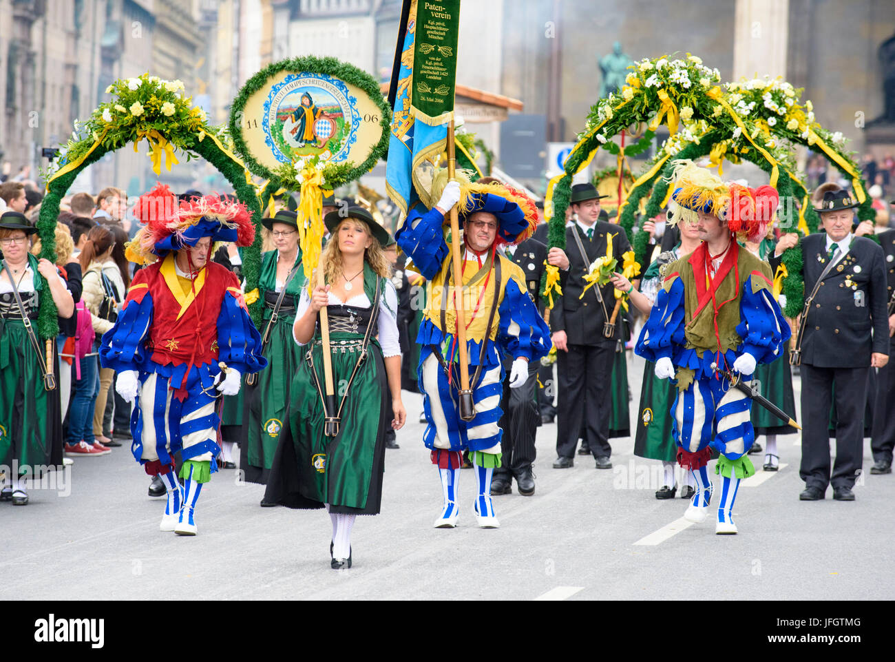 Oktoberfest in 2015 with traditional costumes and protection procession, Royal privileged main contactor company in Munich 1406, Stock Photo
