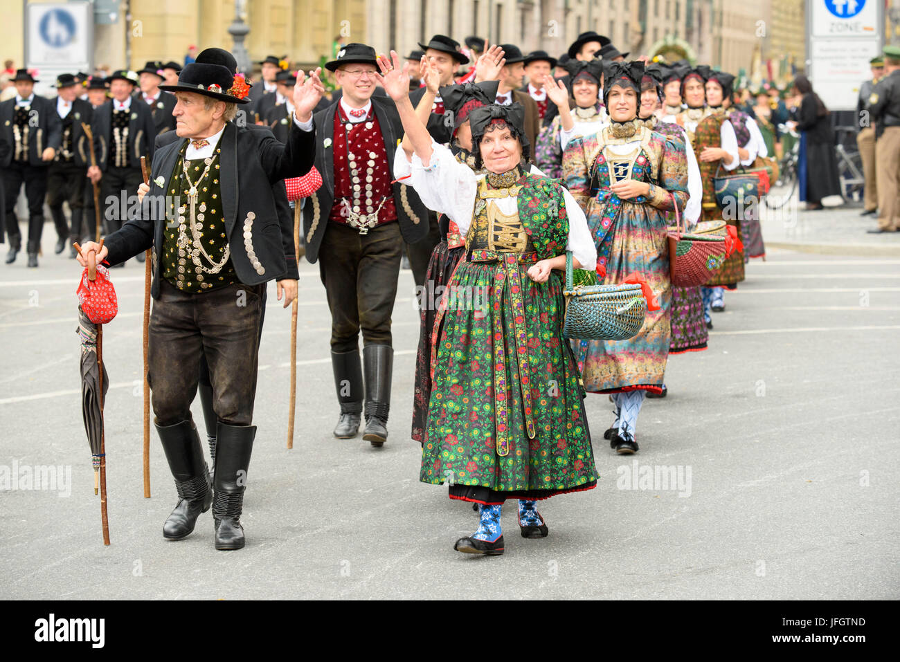 Oktoberfest in 2015 with traditional costumes and protection procession, historical traditional costume group of the 'Oide Wiesn fixed tent tradition', Stock Photo