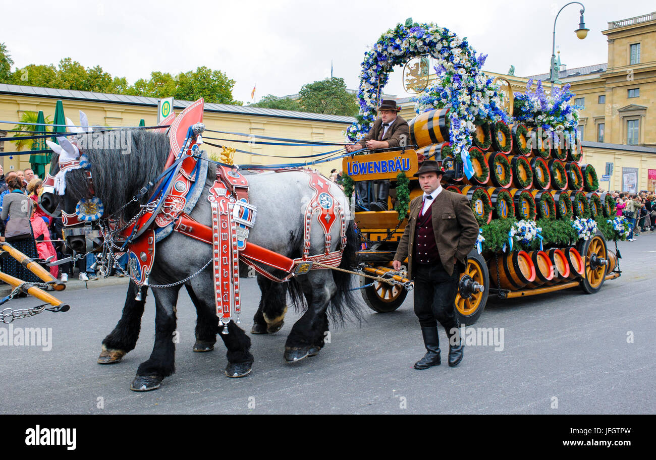 Oktoberfest in 2015 with traditional costumes and protection procession, horse and cart of the Löwenbräu brewery, Stock Photo