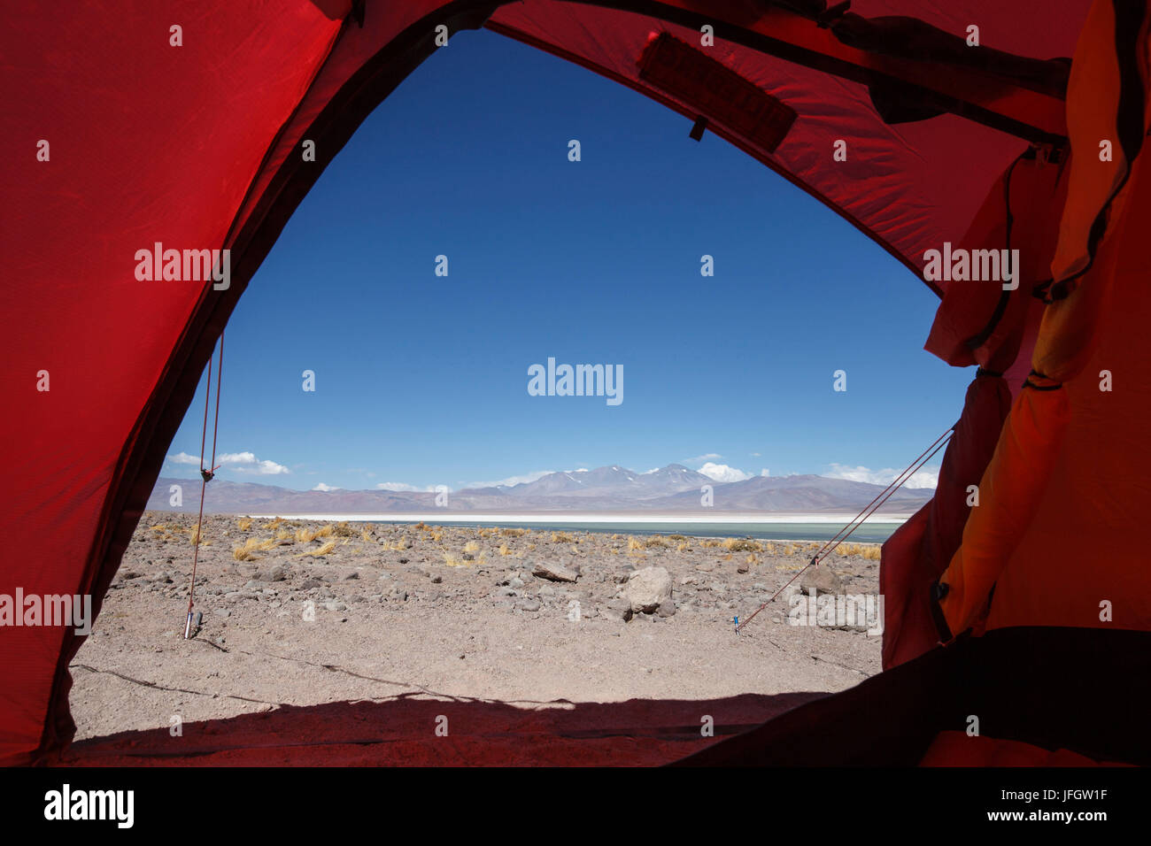 Chile, national park Nevado Tres Cruzes, Laguna Santa Rose, view from the tent Stock Photo