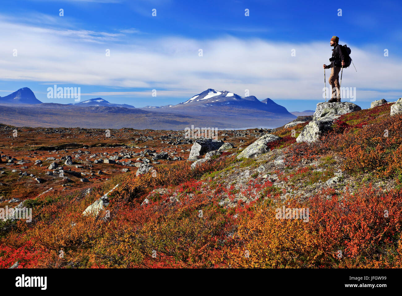Europe, Sweden, Lapland, province of Norrbotten, Stora Sjöfallets national park, view of the Kungsleden on the Akka mountain massif Stock Photo