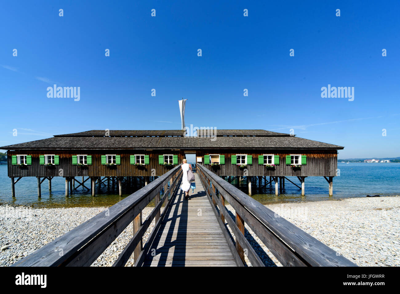 Lakeside with military-historical swimming pool, Bregenz, Lake of Constance, Vorarlberg, Austria Stock Photo