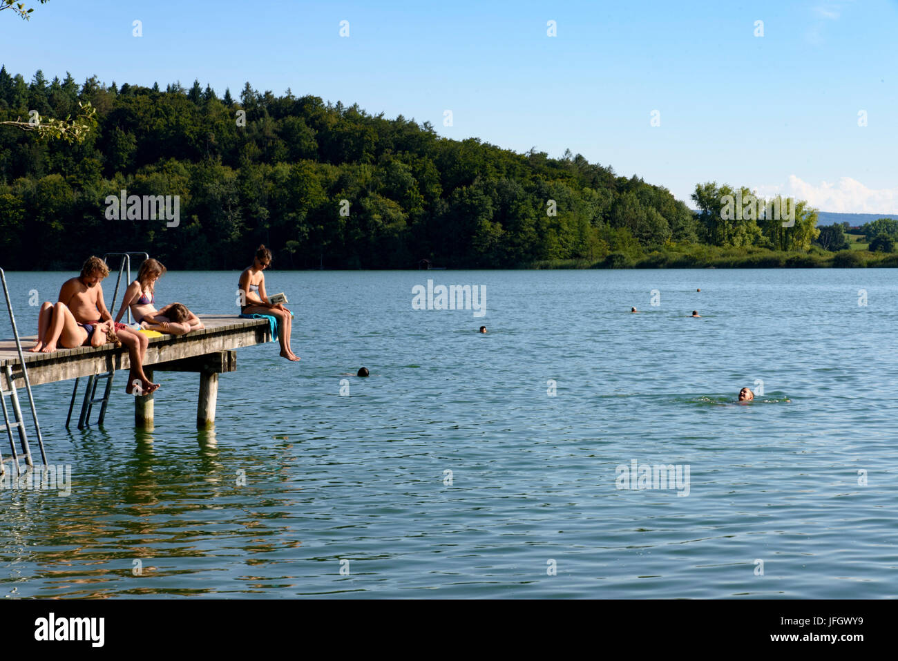 Having a bath in the Mindelsee, peninsula Bodanrück, Lake of Constance, Baden-Wurttemberg, Germany Stock Photo