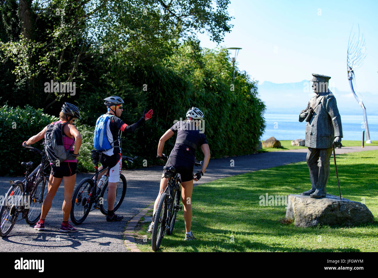 Cyclist, bronze figur Ferdinand count of zeppelin, town garden, Friedrichshafen, Lake of Constance, Baden-Wurttemberg, Germany Stock Photo