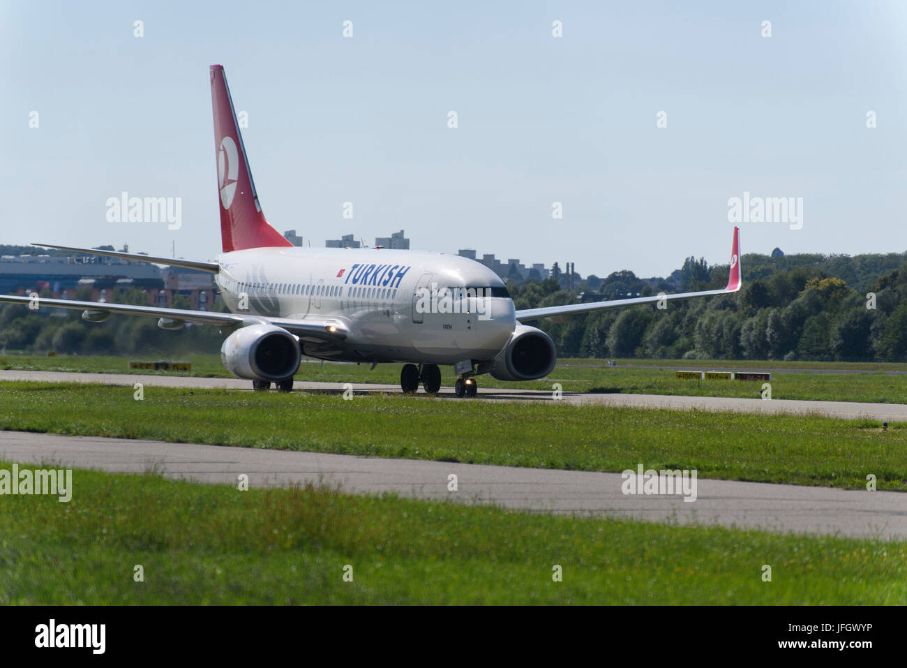 Airport, passenger plane on the runway, Friedrichshafen, Lake of Constance, Baden-Wurttemberg, Germany Stock Photo