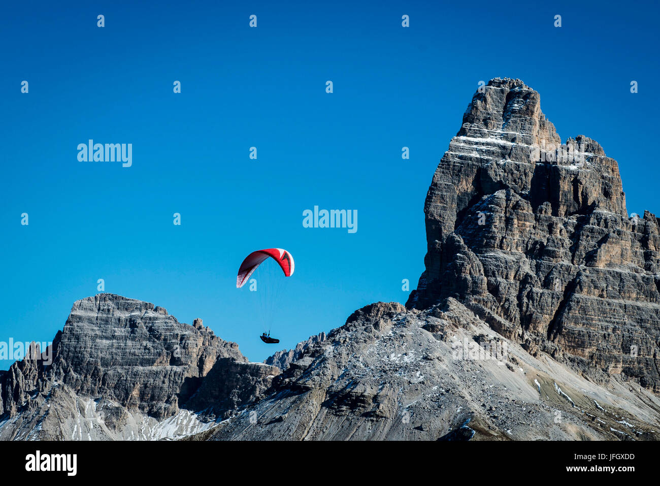 Paragliding, Tre Cime, autumn, aerial shots, Sextener dolomites, Misurina, Ventien, Italy Stock Photo