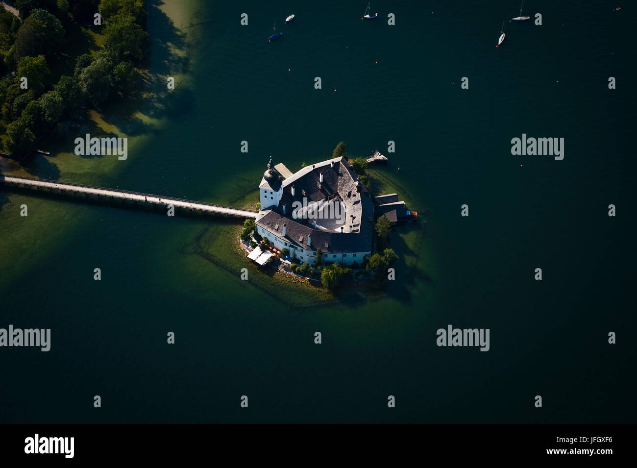 Sea castle Ort, Traunsee, Gmunden, underwater structures, aerial shots, Salzkammergut, Austria Stock Photo