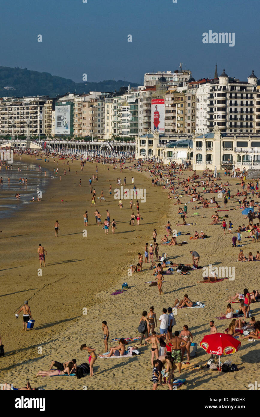 Town beach Playa de la Concha, Donostia-San Sebastián, Gipuzkoa, the Basque Provinces, Spain Stock Photo