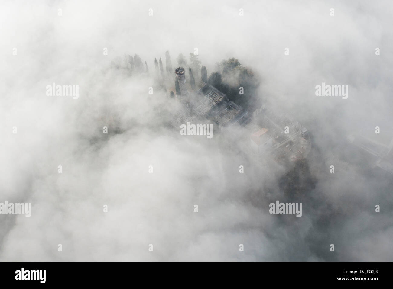 Veneto mystically in the fog, aerial picture, cemetery, ground fog, Bassano, Italy Stock Photo