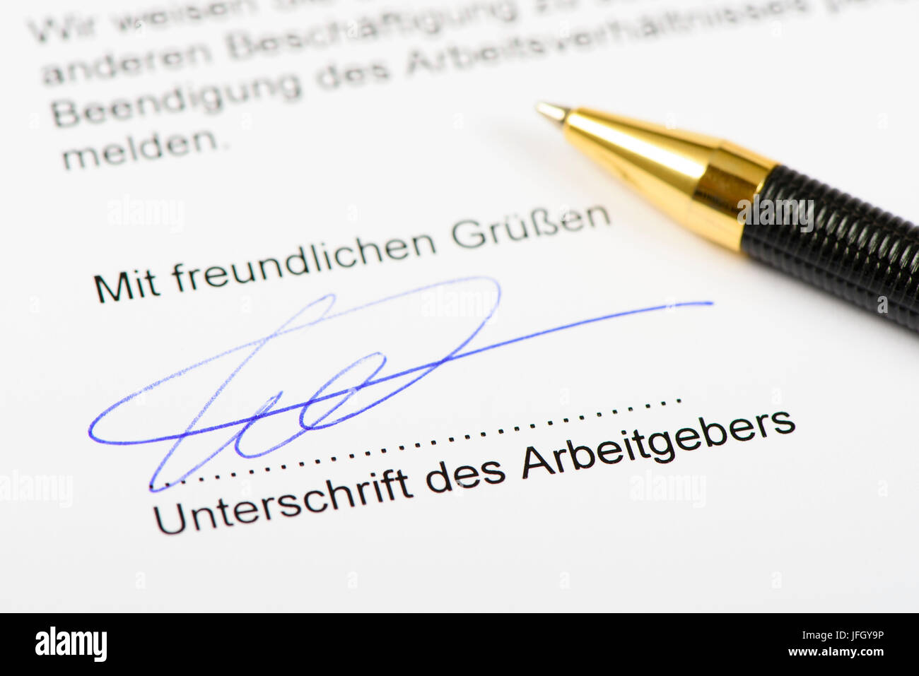 Notice of the employer-employee relationship with signature of the employer Stock Photo