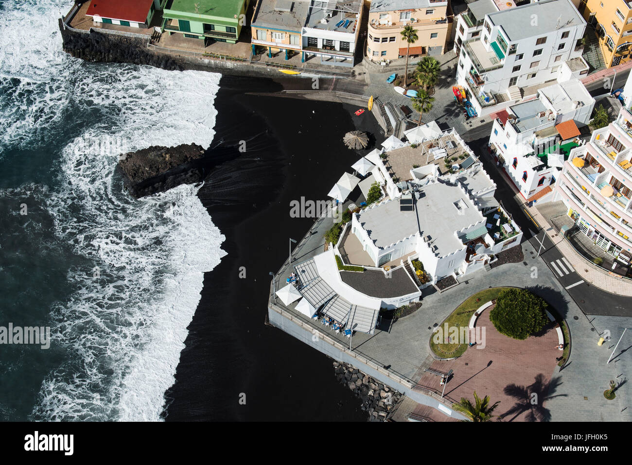 Volcano beach and seafront in Puerto Naos on La Palma, aerial picture, Canary islands, Spain Stock Photo