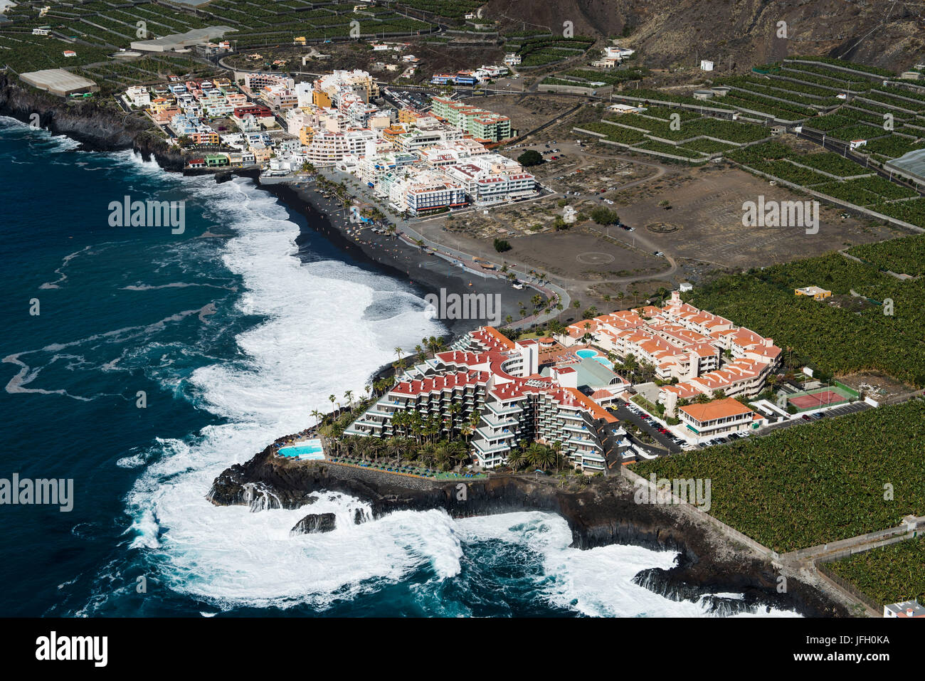 Puerto Naos with volcano beach and seafront, La Palma, aerial picture, Canary islands, Spain Stock Photo