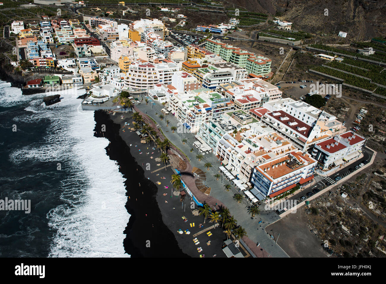 Puerto Naos with volcano beach and seafront, La Palma, aerial picture, Canary islands, Spain Stock Photo
